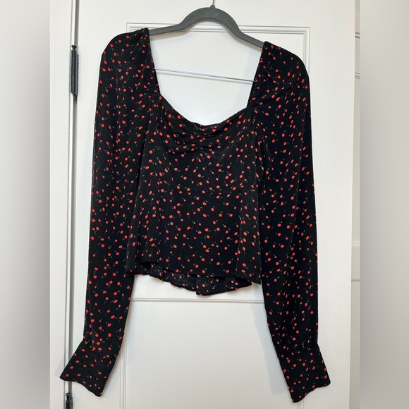 Free People Cherry Print Long Sleeve Ruched Front Top- Medium - Picture 2 of 5